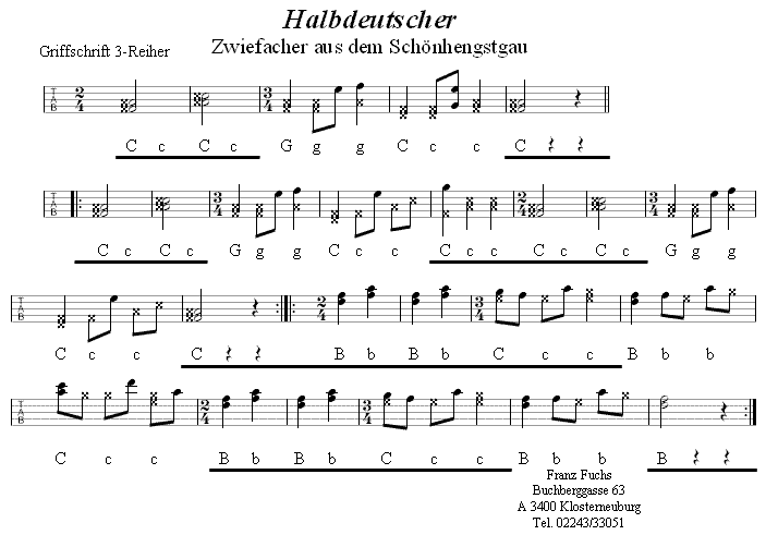 Halbdeutscher, Zwiefacher in Griffschrift für Steirische Harmonika. 
Bitte klicken, um die Melodie zu hören.
