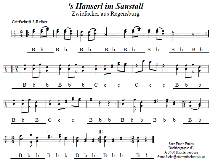 's Hanserl am Saustall, Zwiefacher in Griffschrift für Steirische Harmonika. 
Bitte klicken, um die Melodie zu hören.