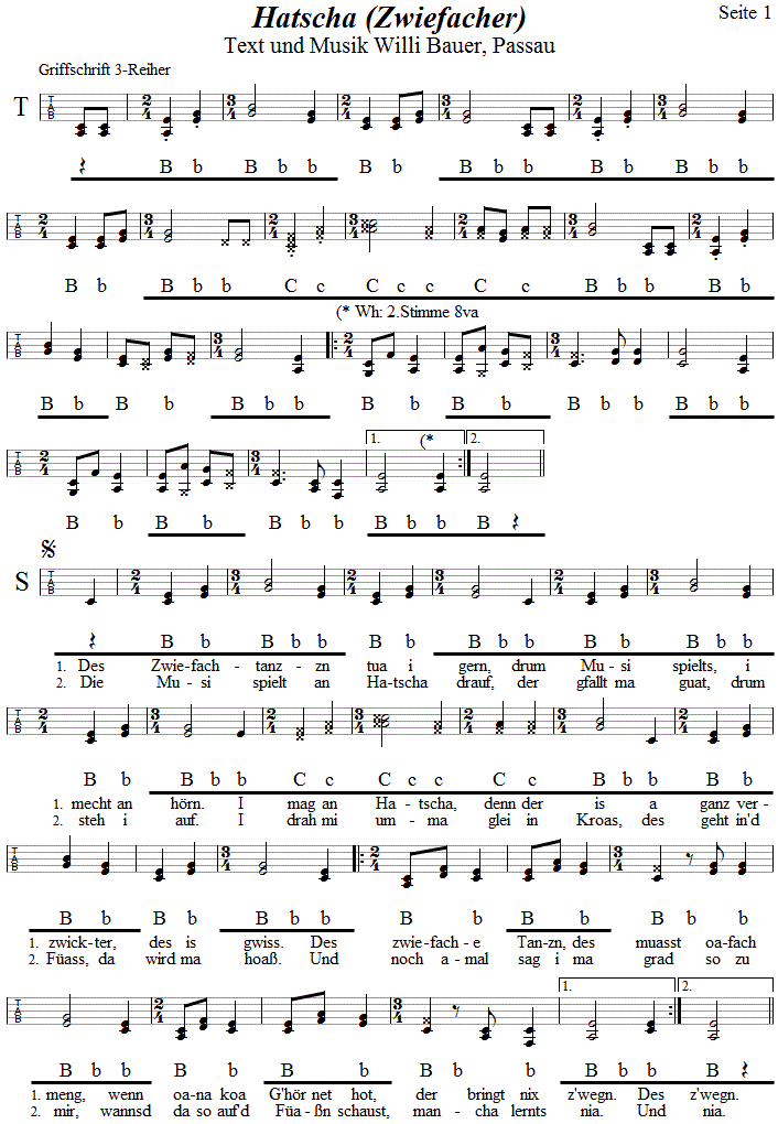 Hatscha, Zwiefacher von Willi Bauer in Griffschrift fr Steirische Harmonika, Seite 1. 
Bitte klicken, um die Melodie zu hren.