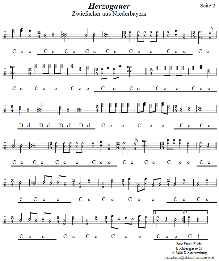 Herzogauer, Seite 2, Zwiefacher in Griffschrift fr Steirische Harmonika. 
Bitte klicken, um die Melodie zu hren.