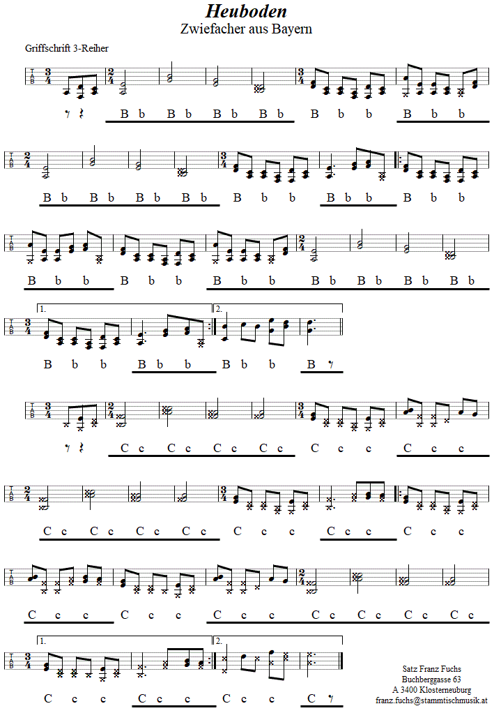 Heuboden, Zwiefacher in Griffschrift fr Steirische Harmonika. 
Bitte klicken, um die Melodie zu hren.