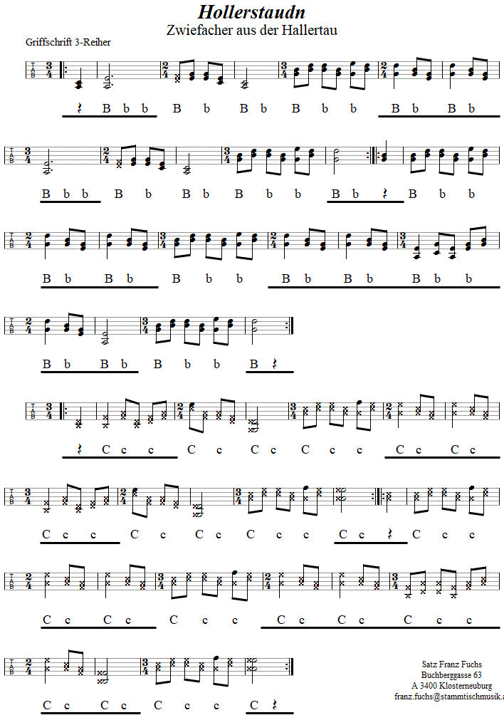 Hollerstaudn, Zwiefacher in Griffschrift fr Steirische Harmonika. 
Bitte klicken, um die Melodie zu hren.