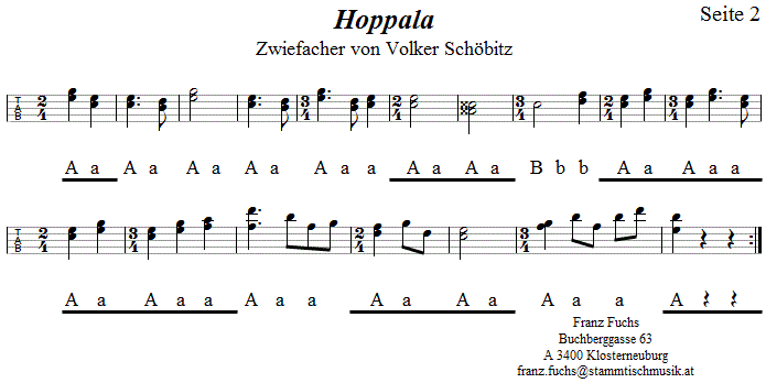 Hoppala Zwiefacher von Volker Schöbitz, Seite 2, in Griffschrift für Steirische Harmonika. 
Bitte klicken, um die Melodie zu hören.