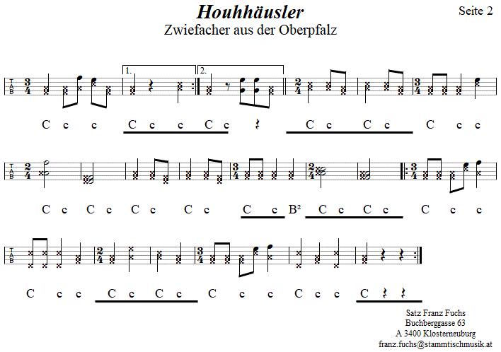 Houhhäusler, Zwiefacher in Griffschrift für Steirische Harmonika. 
Bitte klicken, um die Melodie zu hören.