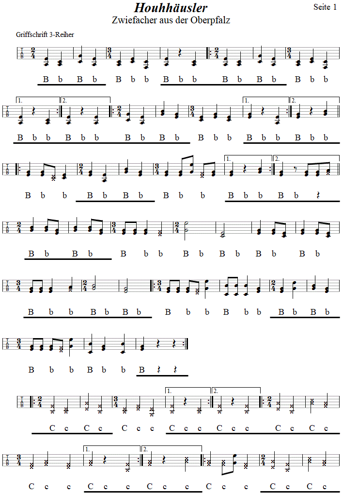 Houhhusler, Zwiefacher in Griffschrift fr Steirische Harmonika. 
Bitte klicken, um die Melodie zu hren.