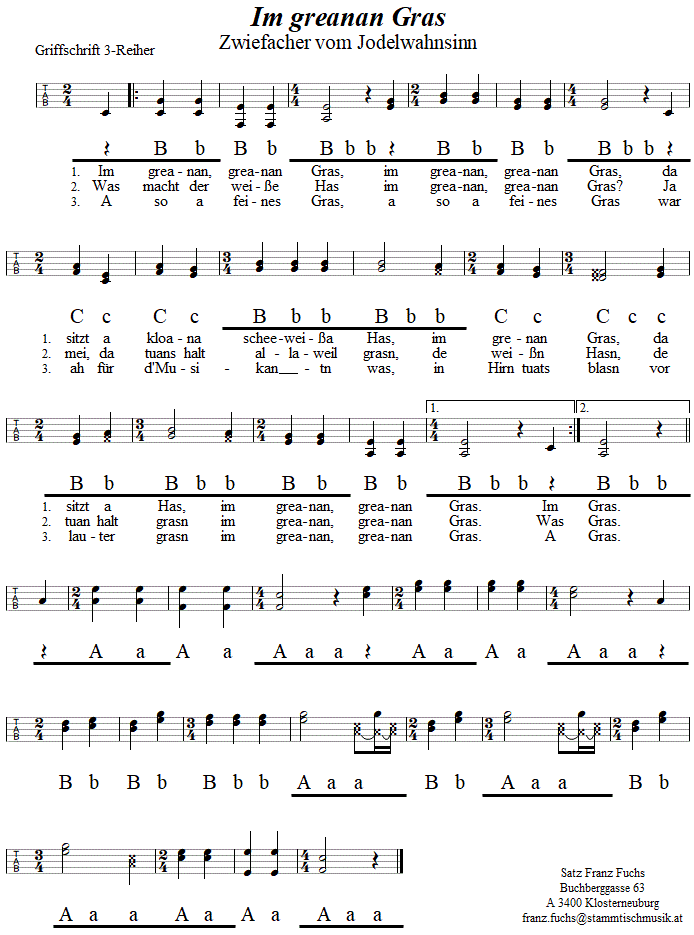 Im greanan Gras, Zwiefacher in Griffschrift fr Steirische Harmonika. 
Bitte klicken, um die Melodie zu hren.