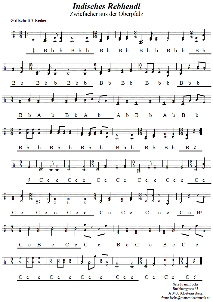 Indisches Rebhendl, Driefacher in Griffschrift fr Steirische Harmonika. 
Bitte klicken, um die Melodie zu hren.