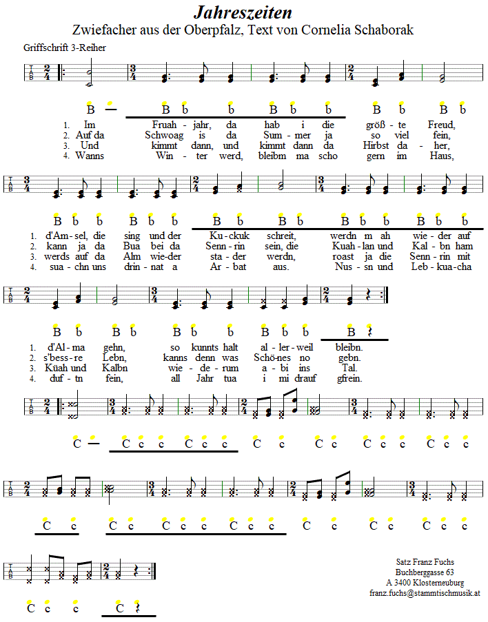 Jahreszeiten, Zwiefacher in Griffschrift fr Steirische Harmonika. 
Bitte klicken, um die Melodie zu hren.