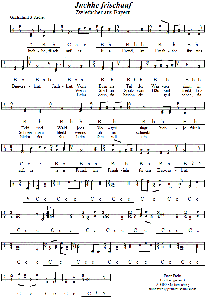 Juche frischauf - Zwiefacher in Griffschrift für Steirische Harmonika. 
Bitte klicken, um die Melodie zu hören.