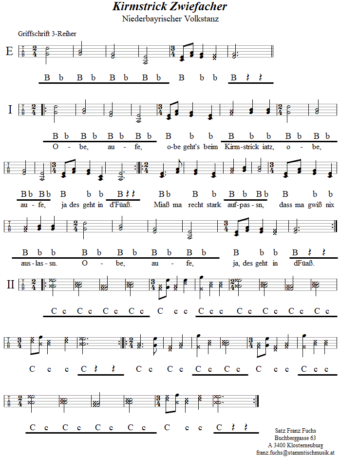 Kirmstrick Zwiefacher, in Griffschrift fr Steirische Harmonika. 
Bitte klicken, um die Melodie zu hren.