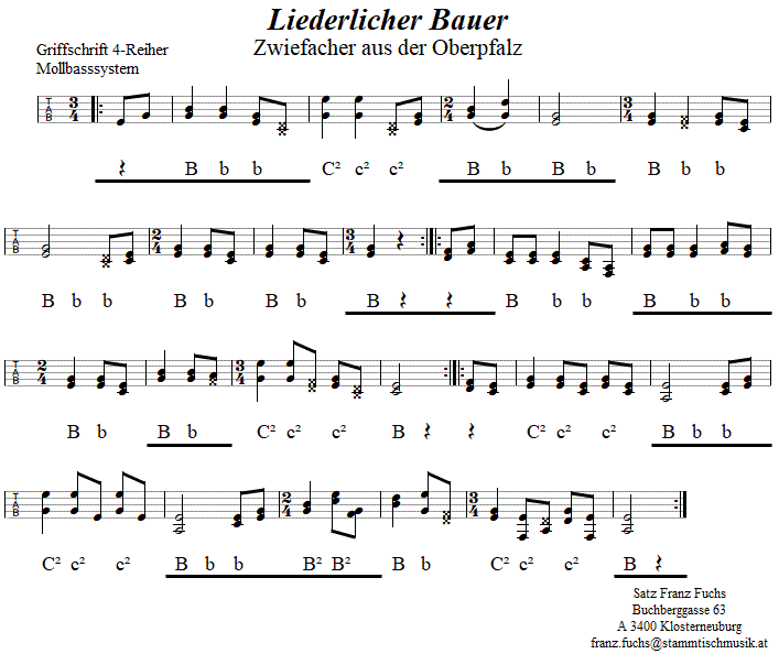 Liederlicher Bauer Zwiefacher in Griffschrift für Steirische Harmonika. 
Bitte klicken, um die Melodie zu hören.