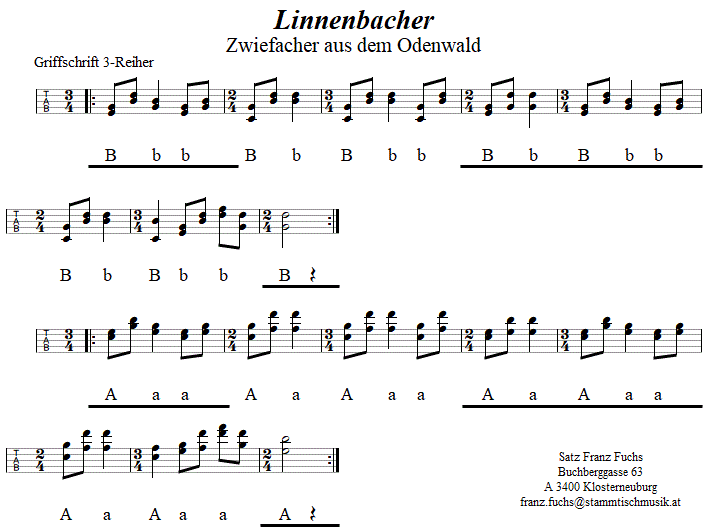 Linnenbacher Zwiefacher in Griffschrift für Steirische Harmonika. 
Bitte klicken, um die Melodie zu hören.