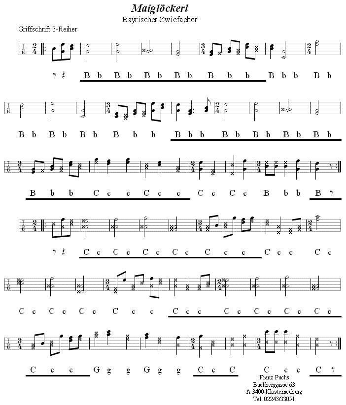 Maiglöckerl, Zwiefacher in Griffschrift für Steirische Harmonika. 
Bitte klicken, um die Melodie zu hören.