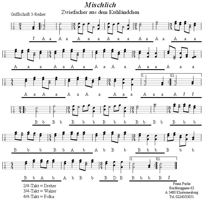 Mischlich - Zwiefacher in Griffschrift für Steirische Harmonika. 
Bitte klicken, um die Melodie zu hören.