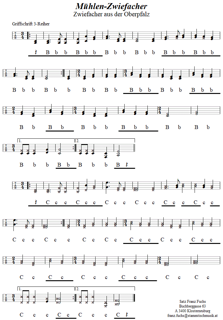 Mhlen-Zwiefacher in Griffschrift fr Steirische Harmonika. 
Bitte klicken, um die Melodie zu hren.