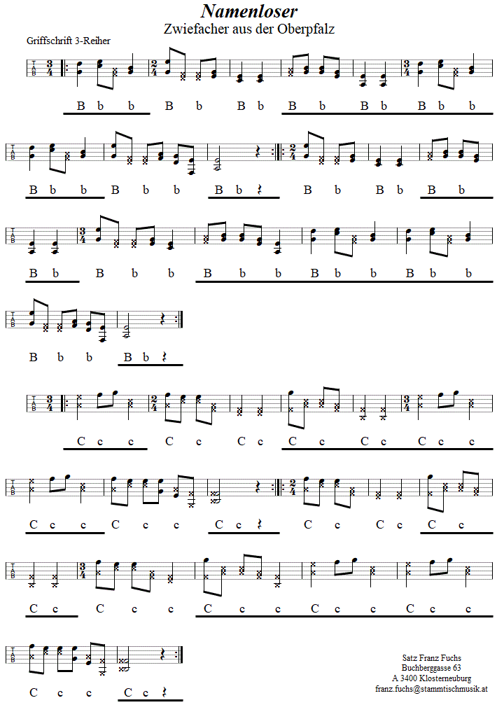 Namenloser Zwiefacher in Griffschrift fr Steirische Harmonika. 
Bitte klicken, um die Melodie zu hren.