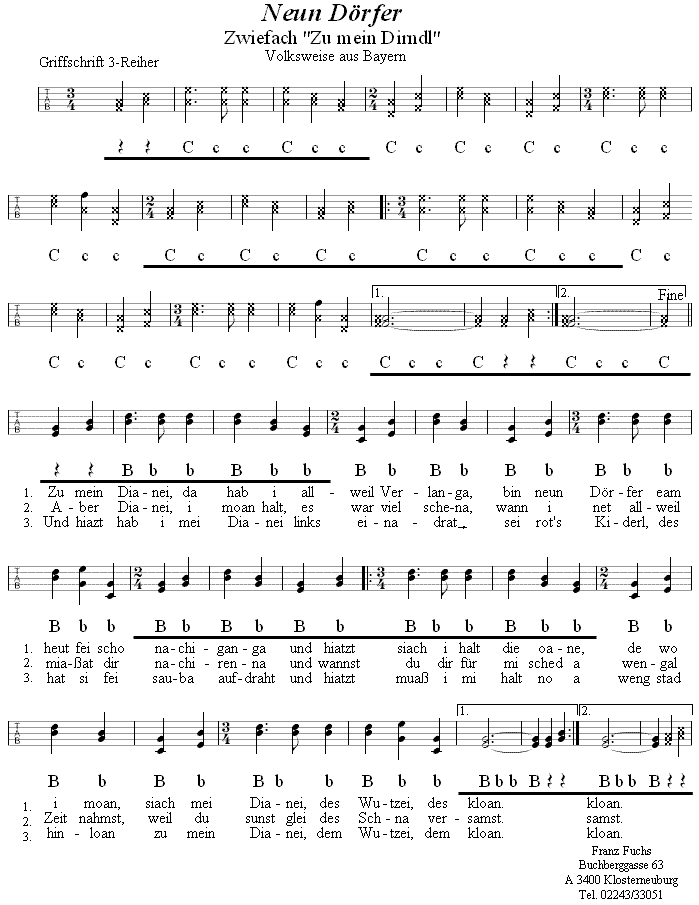 Neun Dörfer - Zwiefacher in Griffschrift für Steirische Harmonika. 
Bitte klicken, um die Melodie zu hören.