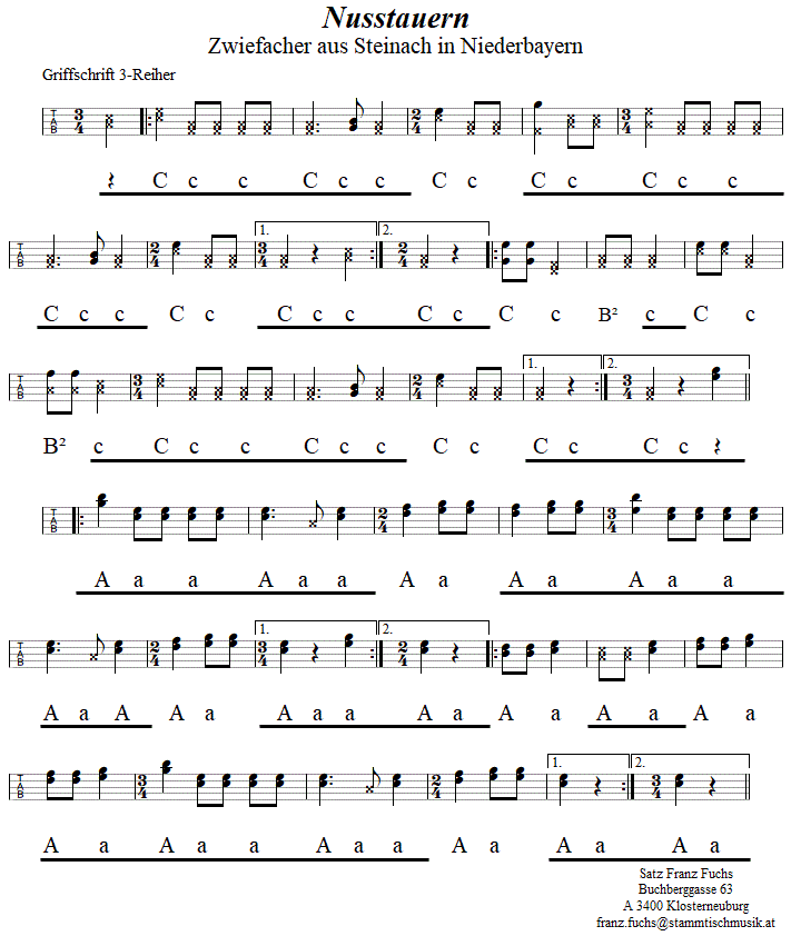 Nusstauern, Zwiefacher in Griffschrift für Steirische Harmonika. 
Bitte klicken, um die Melodie zu hören.
