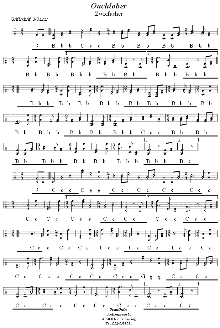 Oachlober-Zwiefacher in Griffschrift für Steirische Harmonika. 
Bitte klicken, um die Melodie zu hören.