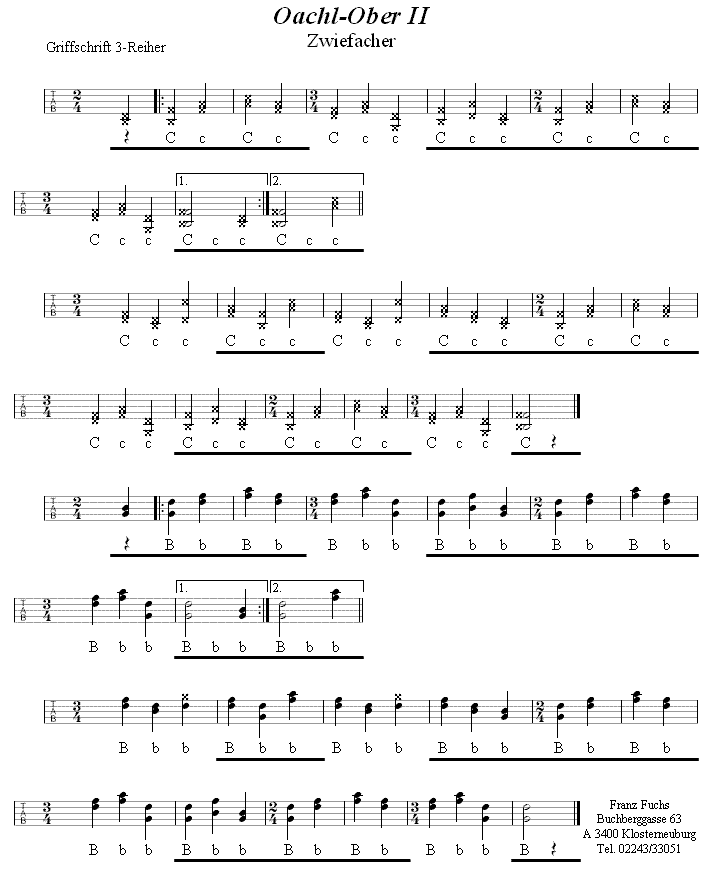 Oachlober-Zwiefacher II in Griffschrift für Steirische Harmonika. 
Bitte klicken, um die Melodie zu hören.