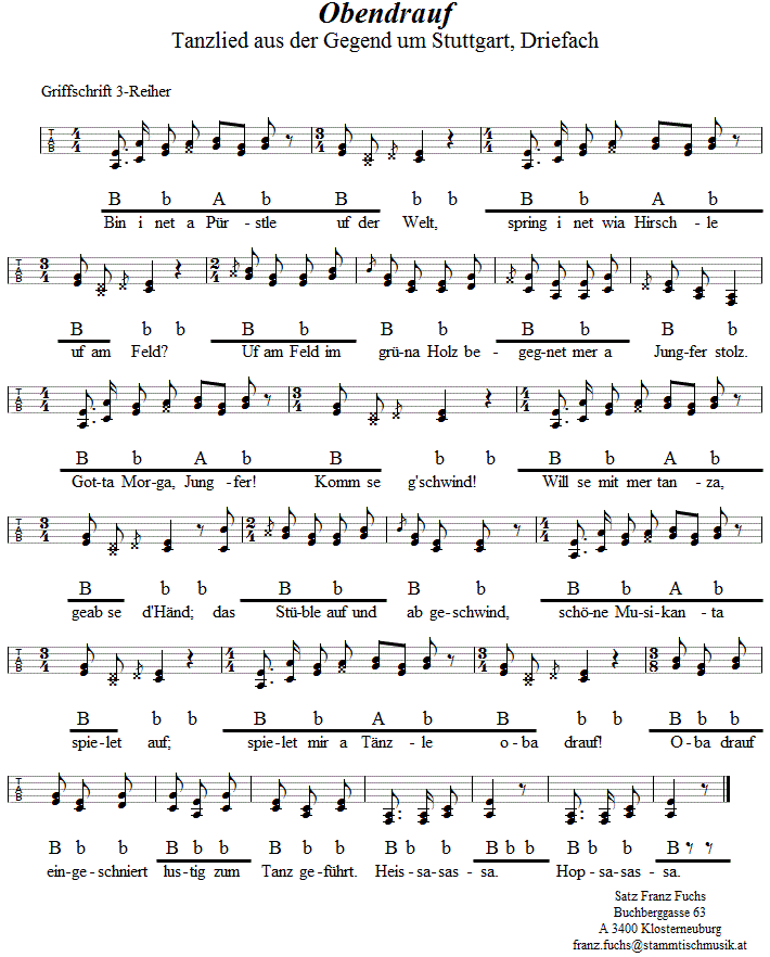 Obendrauf, Driefacher in Griffschrift für Steirische Harmonika. 
Bitte klicken, um die Melodie zu hören.