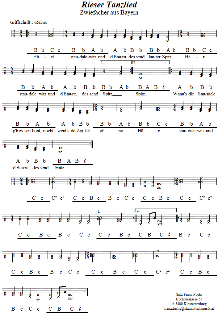 Rieser Tanzlied - Zwiefacher in Griffschrift fr Steirische Harmonika. 
Bitte klicken, um die Melodie zu hren.