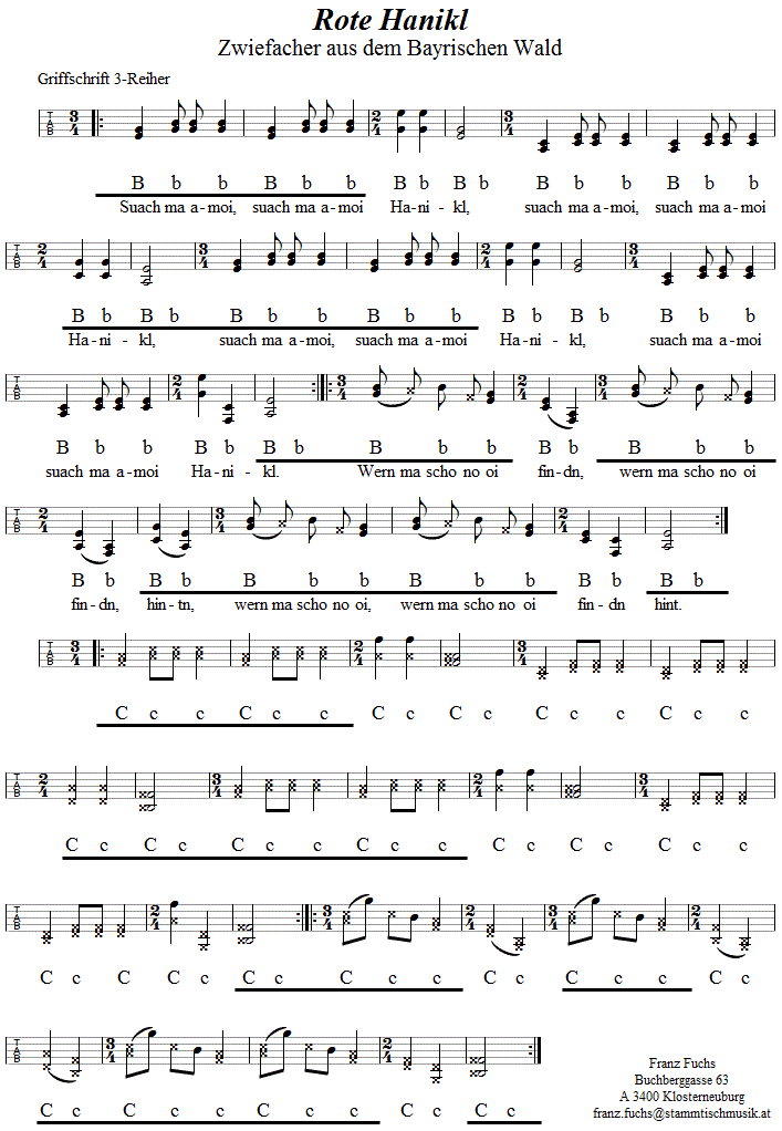 Rote Hanikl, Zwiefacher in Griffschrift für Steirische Harmonika. 
Bitte klicken, um die Melodie zu hören.