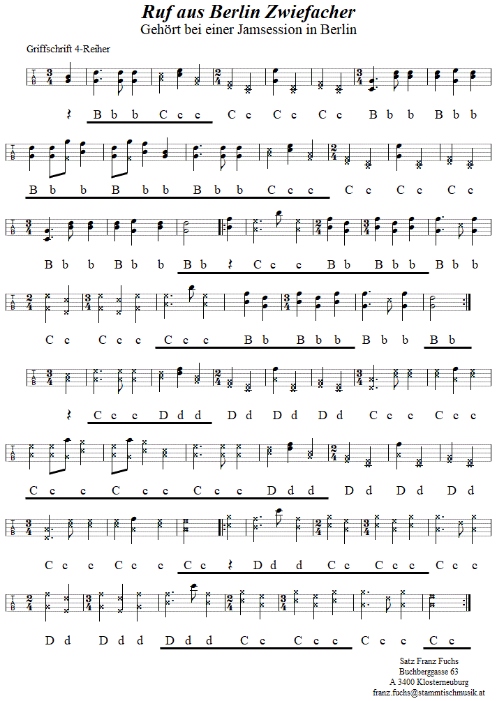 Ruf aus Berlin Zwiefacher in Griffschrift fr Steirische Harmonika. 
Bitte klicken, um die Melodie zu hren.