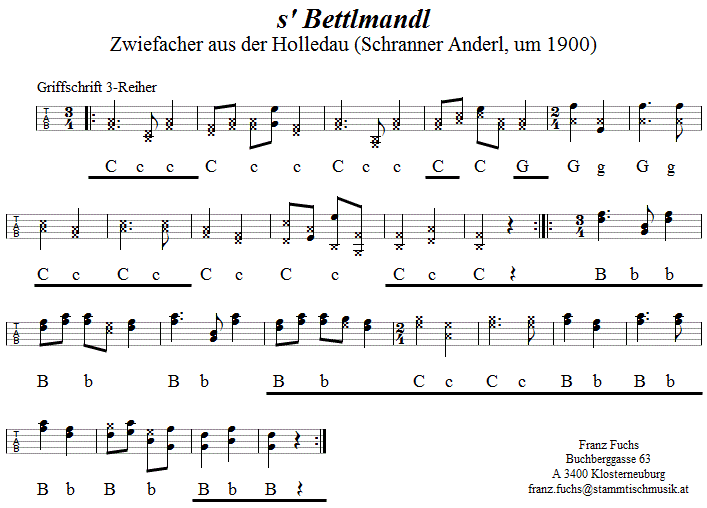 s'Bettlmandl, Zwiefacher in Griffschrift für Steirische Harmonika. 
Bitte klicken, um die Melodie zu hören.