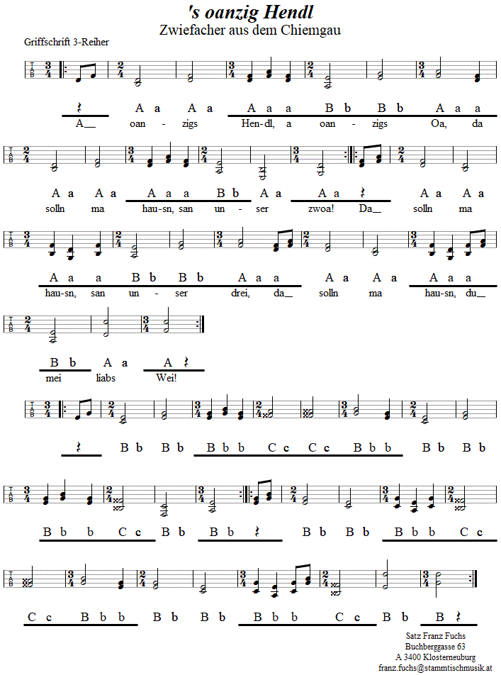 's oanzig Hendl, Zwiefacher in Griffschrift fr Steirische Harmonika. 
Bitte klicken, um die Melodie zu hren.