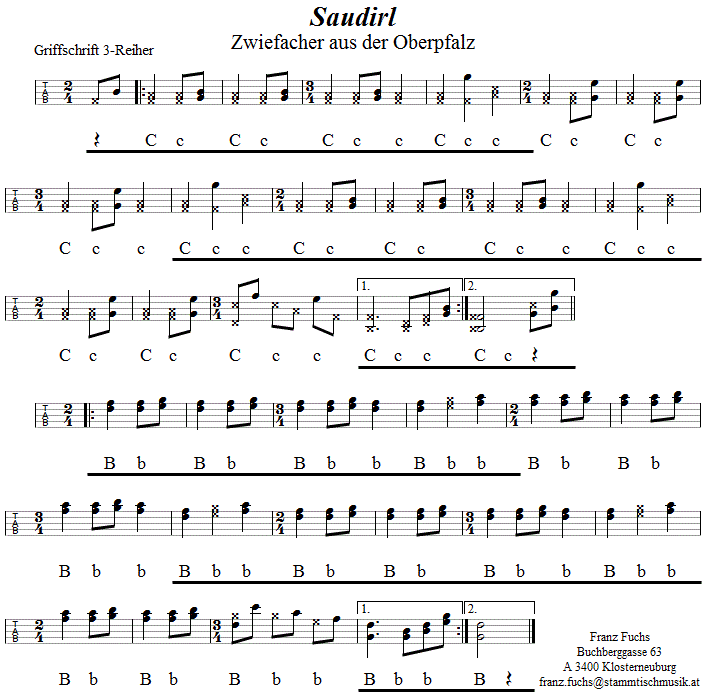 Saudirl - Zwiefacher in Griffschrift für Steirische Harmonika. 
Bitte klicken, um die Melodie zu hören.