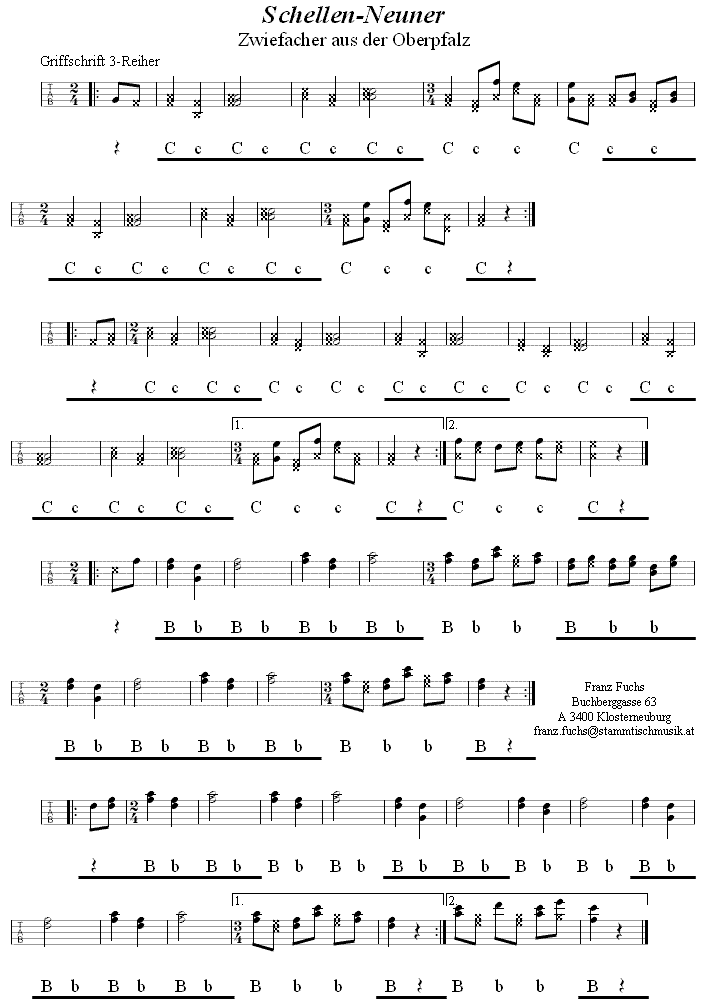 Schellen-Neuner, Zwiefacher in Griffschrift für Steirische Harmonika. 
Bitte klicken, um die Melodie zu hören.