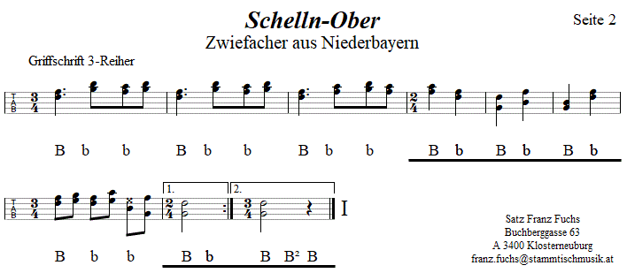 Schelln-Ober, Seite 2, Zwiefacher in Griffschrift für Steirische Harmonika. 
Bitte klicken, um die Melodie zu hören.