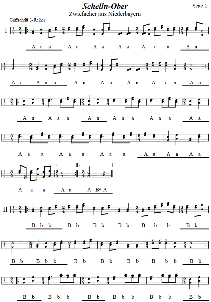 Schelln-Ober, Seite 1, Zwiefacher in Griffschrift für Steirische Harmonika. 
Bitte klicken, um die Melodie zu hören.