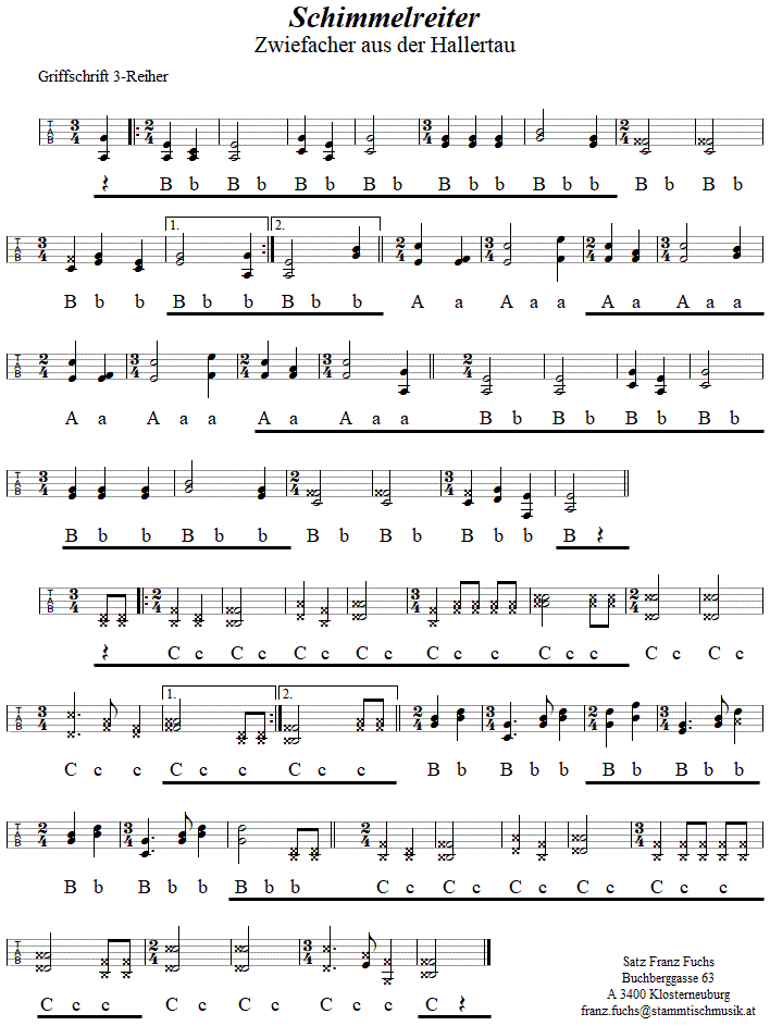 Schimmelreiter, Zwiefacher in Griffschrift fr Steirische Harmonika. 
Bitte klicken, um die Melodie zu hren.