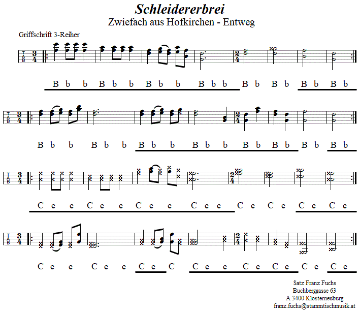Schleidererbrei, Zwiefacher in Griffschrift für Steirische Harmonika. 
Bitte klicken, um die Melodie zu hören.