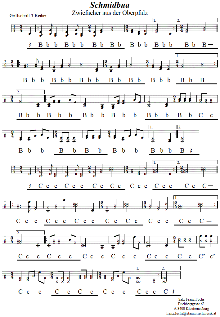 Schmidbua, Zwiefacher in Griffschrift fr Steirische Harmonika. 
Bitte klicken, um die Melodie zu hren.