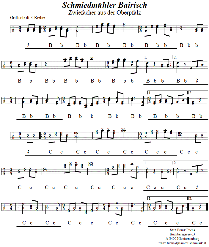 Schmiedmhler Bairisch, Zwiefacher in Griffschrift fr Steirische Harmonika. 
Bitte klicken, um die Melodie zu hren.