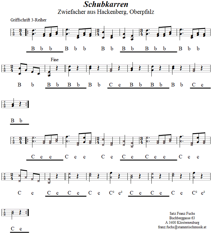 Schubkarren, Zwiefacher in in Griffschrift fr Steirische Harmonika. 
Bitte klicken, um die Melodie zu hren.