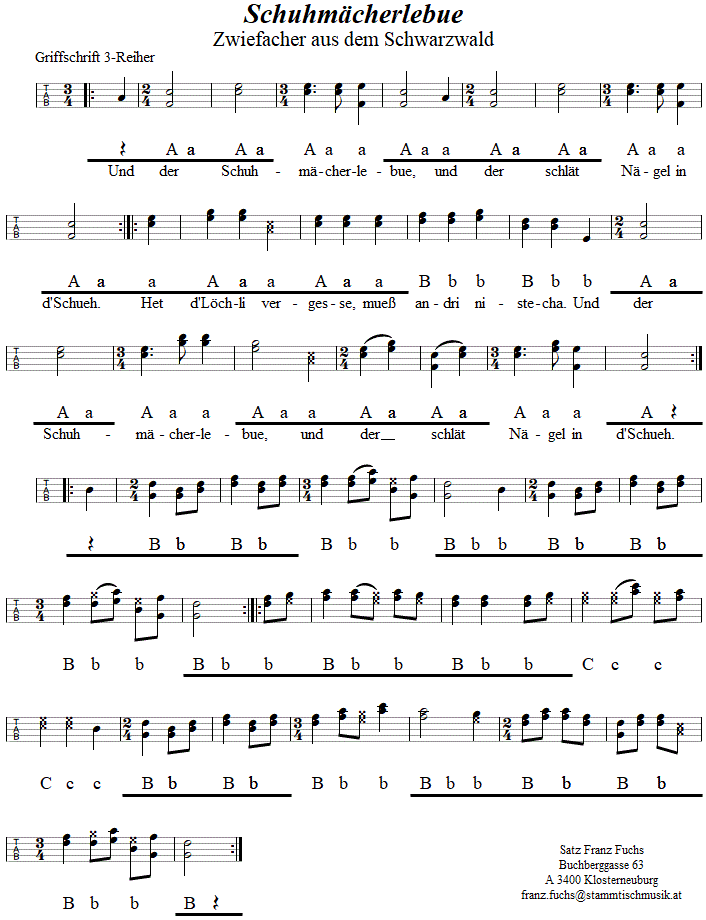 Schuhmcherlesbua, Zwiefacher in Griffschrift fr Steirische Harmonika. 
Bitte klicken, um die Melodie zu hren.