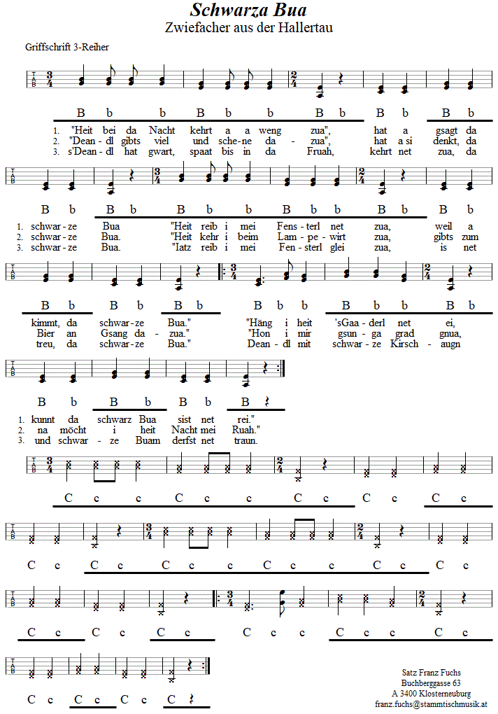 Schwarza Bua, Zwiefacher in Griffschrift fr Steirische Harmonika. 
Bitte klicken, um die Melodie zu hren.