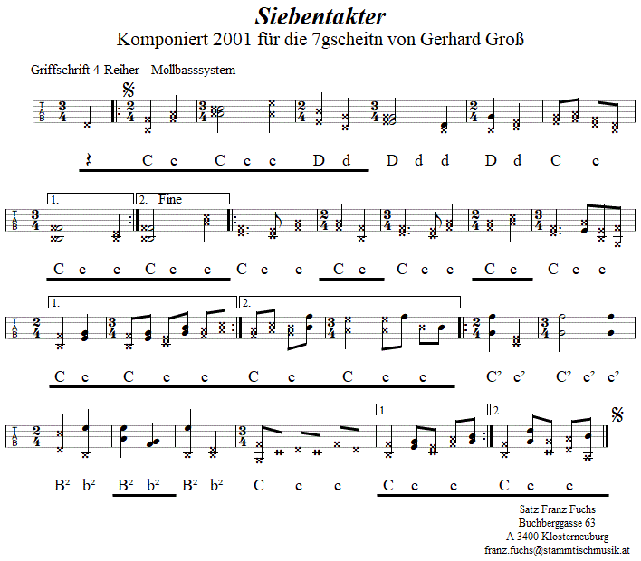 Siebentakter, Zwiefacher von Gerhard Groß in Griffschrift für Steirische Harmonika. 
Bitte klicken, um die Melodie zu hören.