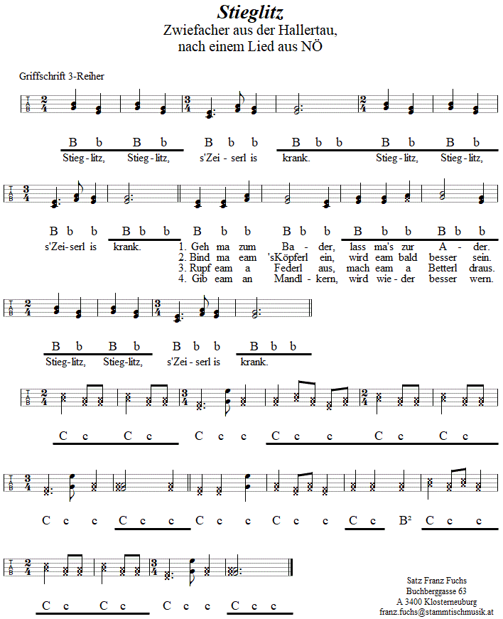 Stieglitz, Zwiefacher in Griffschrift fr Steirische Harmonika. 
Bitte klicken, um die Melodie zu hren.