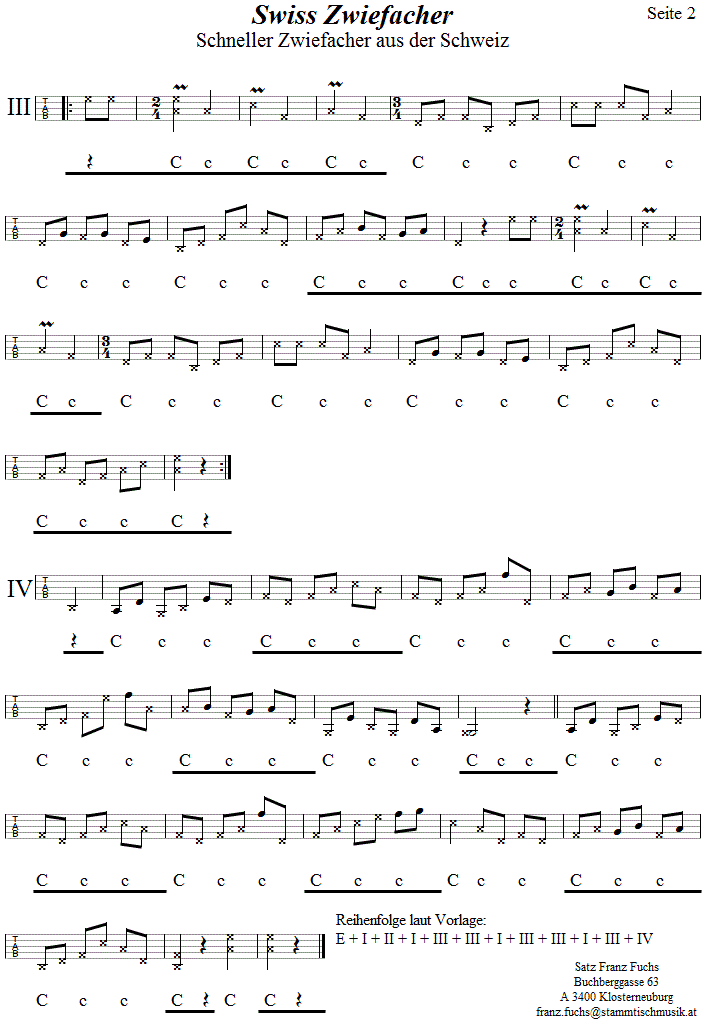 Swiss Zwiefacher, Zwiefacher aus der Schweiz, Seite 2, in Griffschrift fr Steirische Harmonika. 
Bitte klicken, um die Melodie zu hren.