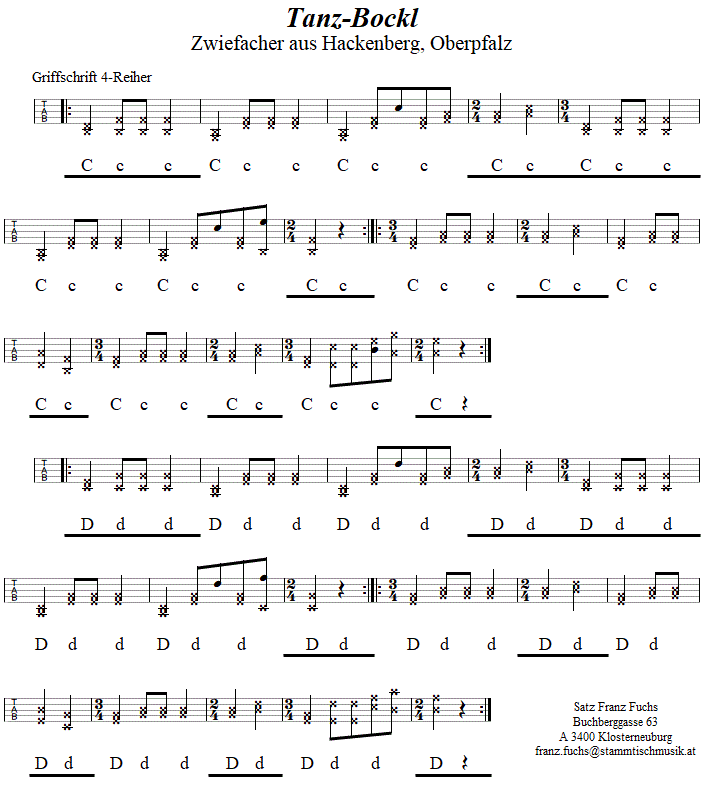 Tanz-Bockl, Zwiefacher in Griffschrift fr Steirische Harmonika. 
Bitte klicken, um die Melodie zu hren.