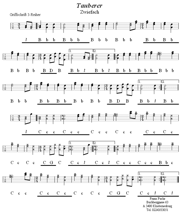 Tauberer,  Zwiefacher in Griffschrift für Steirische Harmonika. 
Bitte klicken, um die Melodie zu hören.