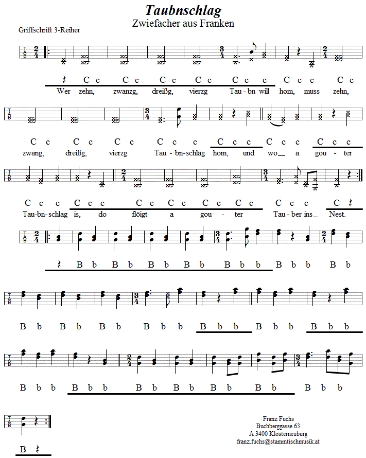Taubnschlag, Zwiefacher in Griffschrift für Steirische Harmonika. 
Bitte klicken, um die Melodie zu hören.