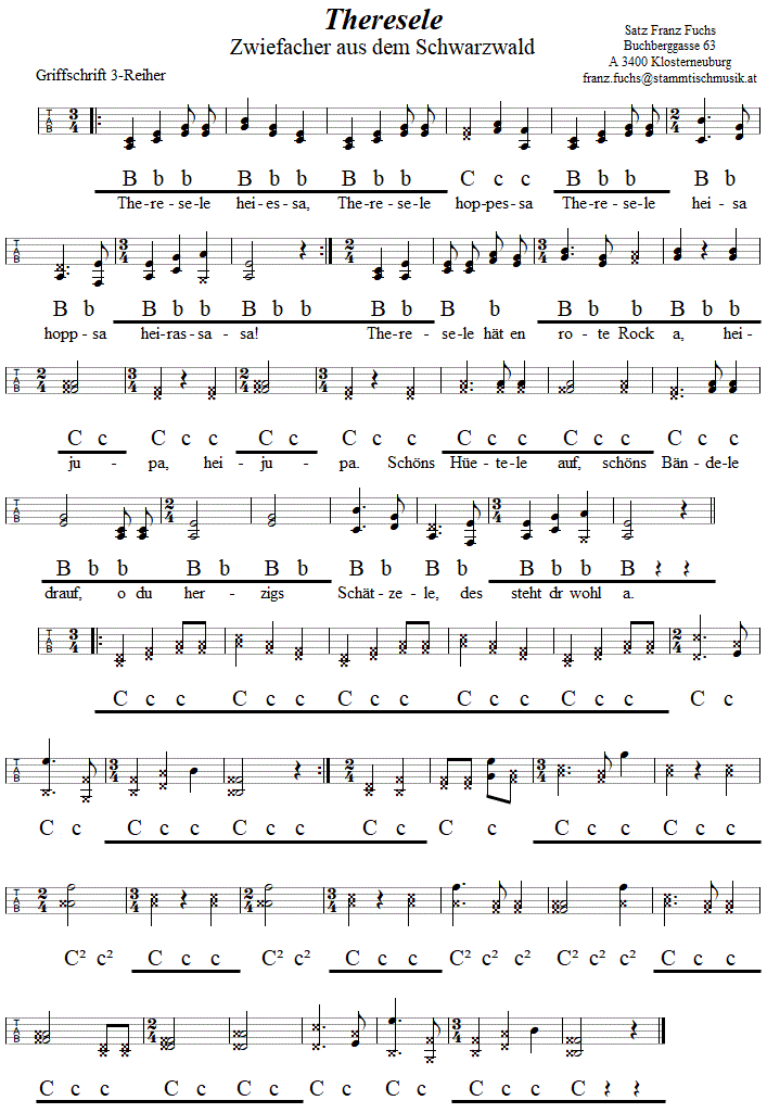 Theresele, Zwiefacher in Griffschrift fr Steirische Harmonika. 
Bitte klicken, um die Melodie zu hren.