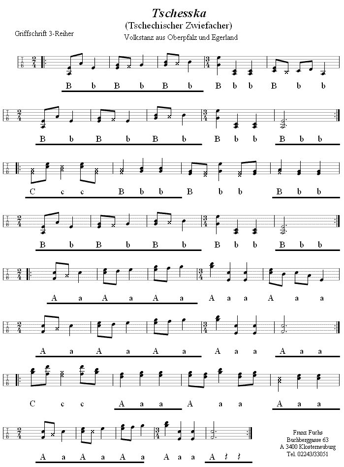 Tschesska (Tschechischer Zwiefacher) in Griffschrift für Steirische Harmonika. 
Bitte klicken, um die Melodie zu hören.