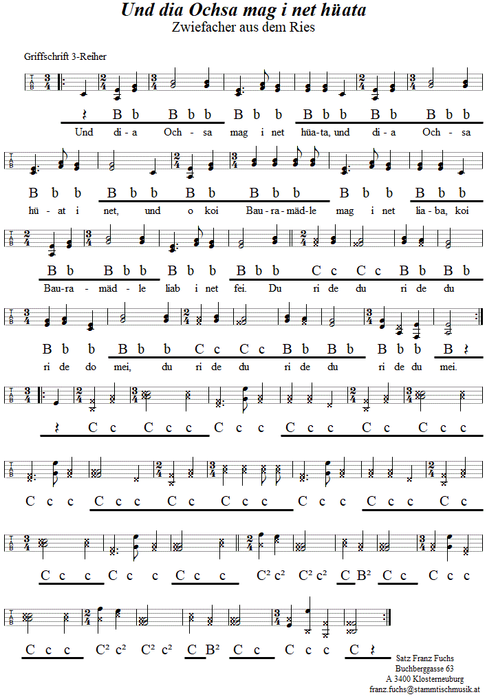 Und dia Ochsa mag i net hata, Zwiefacher in Griffschrift fr Steirische Harmonika. 
Bitte klicken, um die Melodie zu hren.